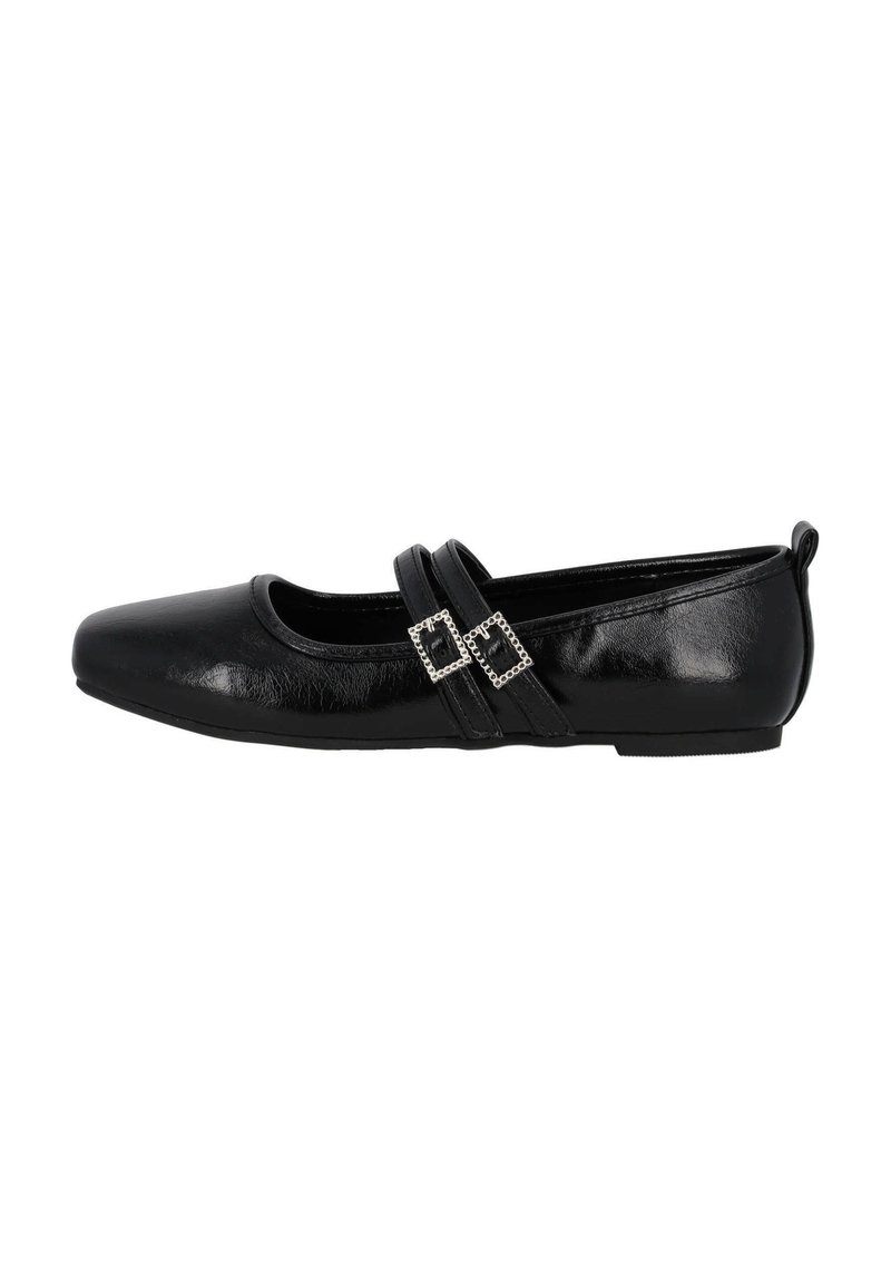 Black ballet flats with a rounded toe and low heel. Features double straps with square silver buckles. Made of smooth, shiny material.