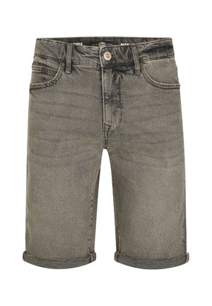 Grijze denim shorts voor heren met omgeslagen zoom, knoop aan de voorkant, riemlussen en voorzakken.