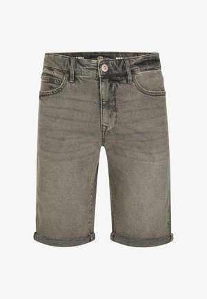 Pantaloni scurți de blugi gri pentru bărbați, cu tivuri rulate, nasture frontal, bucle pentru curea și buzunare frontale.