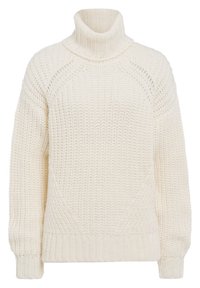 Cremfarbener Rollkragenpullover mit grob gestrickter Textur, gerippten Bündchen und Saum. Verfügt über Raglanärmel und ein dezentes diagonales Muster an den Seiten.