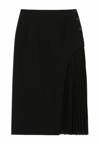 Gonna a matita nera con un pannello plissettato su un lato, dettaglio con tre bottoni in vita, realizzata in un tessuto liscio e strutturato.