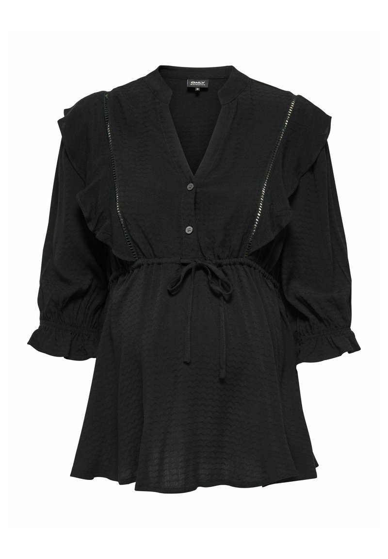 Blouse noire avec un col en V, manches bouffantes trois-quarts, accents froncés, taille à cordon de serrage et détail de tissu texturé. Fermeture par boutons sur le devant.