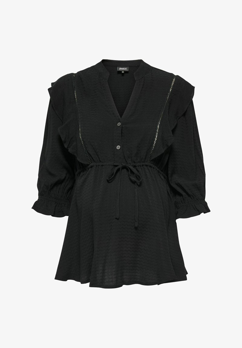 Blouse noire avec un col en V, manches bouffantes trois-quarts, accents froncés, taille à cordon de serrage et détail de tissu texturé. Fermeture par boutons sur le devant.