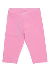 Rosa bomull leggings med en slät textur, som har en enkel design, elastisk midja och fållade muddar. Inga synliga mönster eller dekorationer.