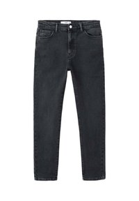Jean en denim noir à coupe slim, doté de cinq poches, d'une fermeture à bouton sur le devant, et d'une texture subtile. Design classique sans usure visible.