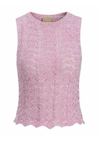 Rožinė be rankovių viršūnė su tekstūruotu mezgimo raštu, kuriame yra deimantų ir banguota apdaila. Pagaminta iš kvėpuojančios medžiagos, užtikrinančios komfortą.