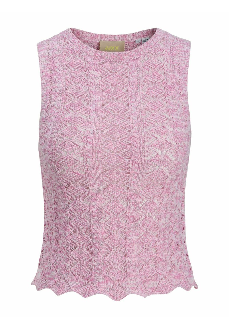 Rožinė be rankovių viršūnė su tekstūruotu mezgimo raštu, kuriame yra deimantų ir banguota apdaila. Pagaminta iš kvėpuojančios medžiagos, užtikrinančios komfortą.