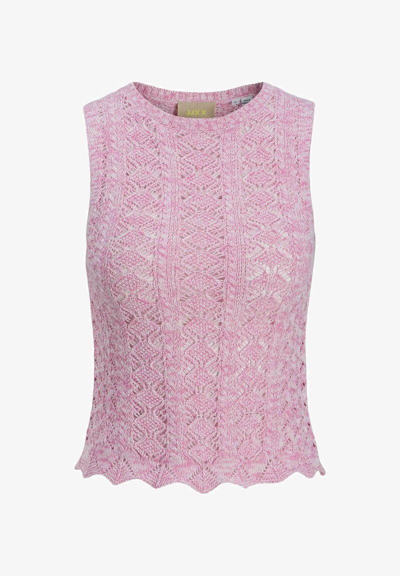 Rožinė be rankovių viršūnė su tekstūruotu mezgimo raštu, kuriame yra deimantų ir banguota apdaila. Pagaminta iš kvėpuojančios medžiagos, užtikrinančios komfortą.