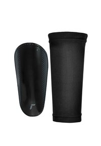 Espinilleras negras con una carcasa de plástico lisa y una funda de malla transpirable. La carcasa presenta un diseño de diamantes y un logotipo en relieve.