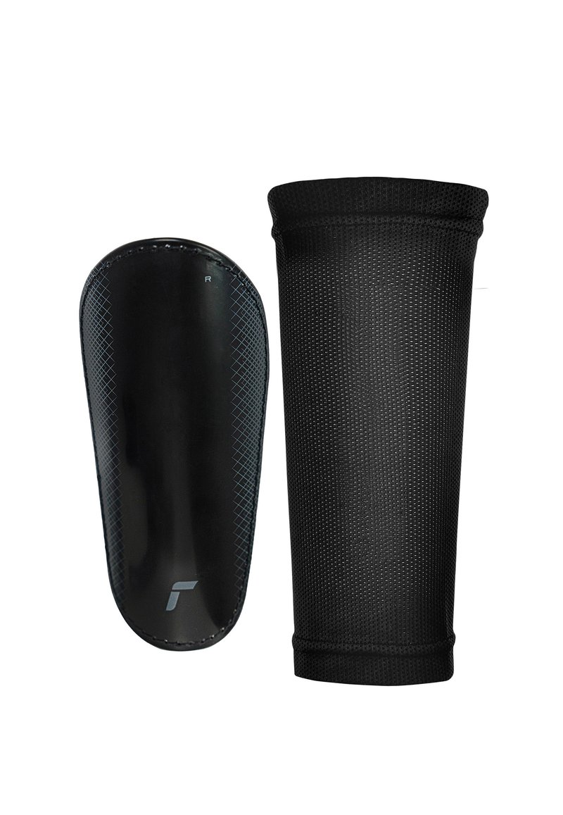 Espinilleras negras con una carcasa de plástico lisa y una funda de malla transpirable. La carcasa presenta un diseño de diamantes y un logotipo en relieve.