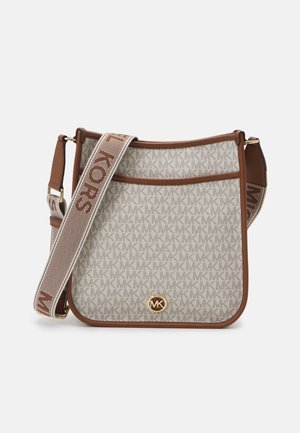 Crossbody bag with beige and brown MK monogram pattern, brown leather trim, gold MK logo emblem, and adjustable strap with "MICHAEL KORS" text.