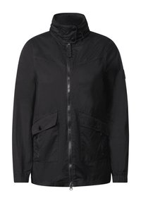 Black jacket with a high collar, front zipper, and two large flap pockets. Made of lightweight fabric with a smooth texture.