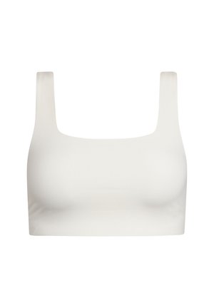 Seamless white sports bra with wide straps and a square neckline, designed for comfort and support.