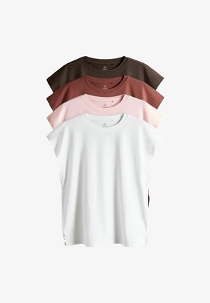 Vijf T-shirts in gestapelde lagen: donkerbruin, middenbruin, lichtroze, zachtroze en wit. Elk met korte mouwen en een ronde halslijn.