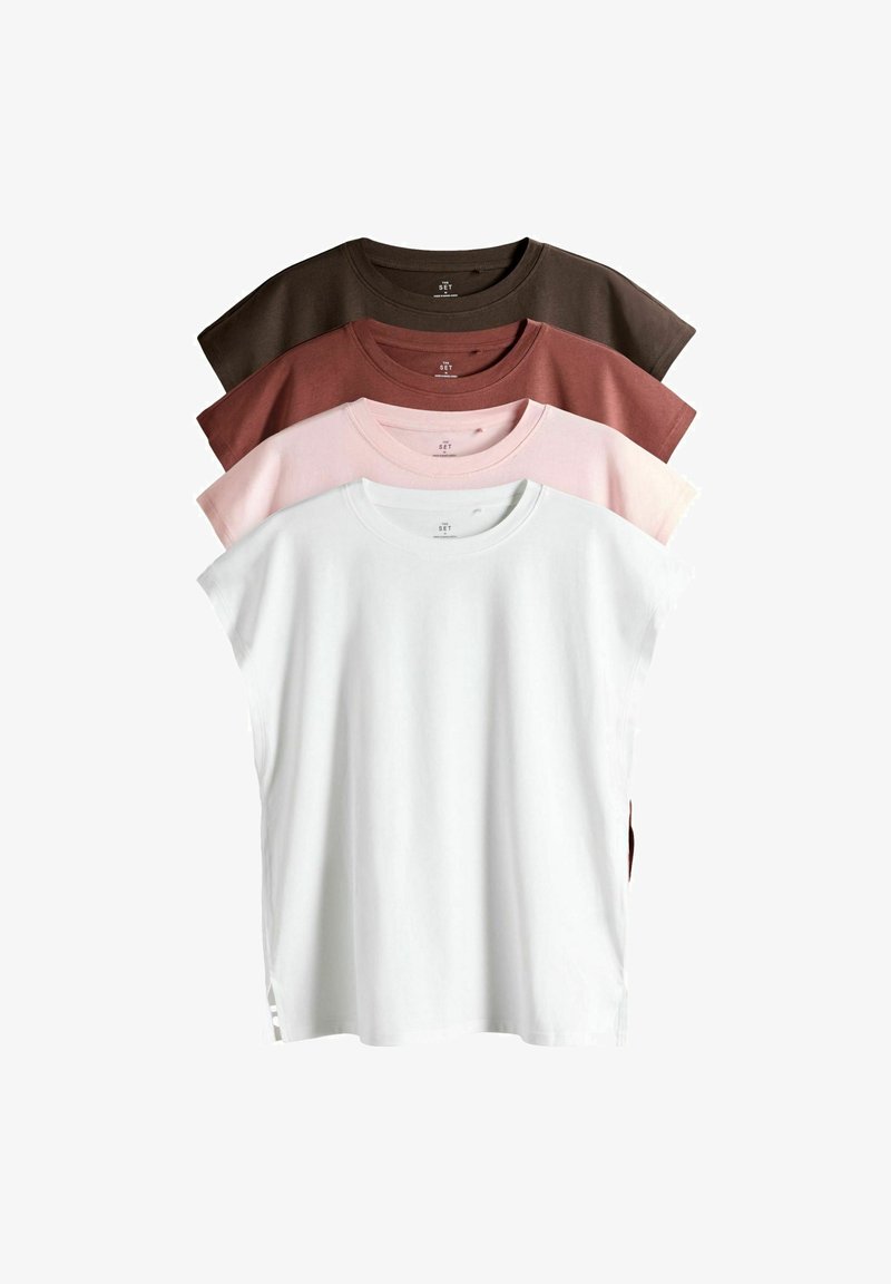 Pięć koszulek ułożonych w stos: ciemnobrązowa, średniobrązowa, jasnoróżowa, delikatnoróżowa oraz biała. Każda z krótkimi rękawami i okrągłym dekoltem.