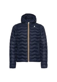 Námořnická prošívaná bunda s kapucí, diagonální prošívací vzor, přední zip se zlatým lemováním a logo na levé hrudi.