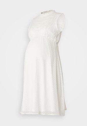 Valge raseduskleit lühikeste varrukatega, tekstuuriga kangast, kokkuvõetud taljega ja kõrge dekolteega, millel on ühtlaselt peened täpid.