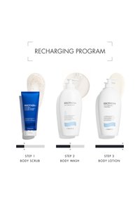 Three Biotherm body care products: blue scrub tube with exfoliating beads, two white pump bottles for wash and lotion, all with labeled steps.