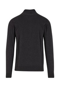 Dunkelgrauer Langarmpullover mit hohem Kragen und gerippten Bündchen und Saum, aus einem weichen, leichten Stoff gefertigt, mit einem einfarbigen Design.