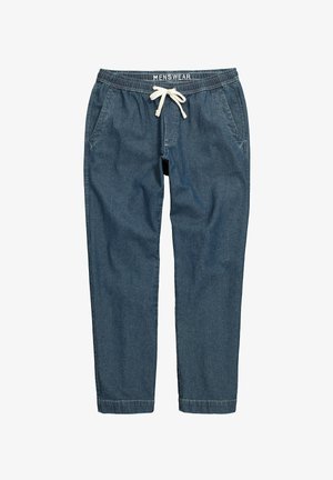 Herrenjeans in Blau aus Denim, leger mit elastischem Bund, weißem Kordelzug und seitlichen Taschen, mit der Aufschrift "MENSWEAR" am inneren Bund.