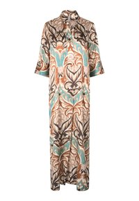 Robe longue à motifs avec des manches courtes ; présente un design floral en marron, beige et bleu canard sur un tissu léger. Col au niveau du cou.
