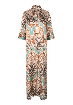 Lang, mønstret kjole med korte ærmer; har et blomstermønster i brun, beige og teal på et let materiale. Krave ved halsudskæringen.