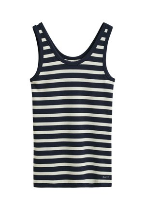 Tamsiai mėlynas ir baltas horizontalių dryžių berankovis tankinis viršus su apvalia iškirpte ir mažu GANT logotipu apačioje.