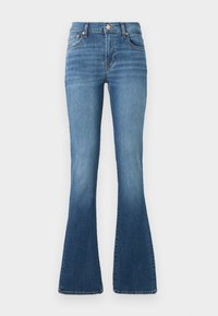Blue denim flared jeans with a high waist, featuring a front button closure, subtle whiskering, and a smooth, soft texture.