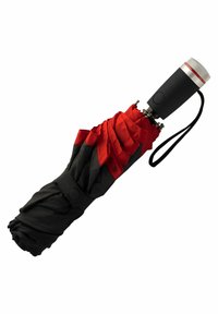 Parapluie pliant avec une poignée noire et un auvent rouge et noir. Dispose d'un bouton d'ouverture, avec une texture lisse et un design compact.