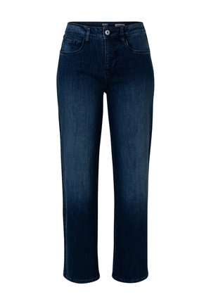 Dunkelblaue Jeans aus Denim mit geradem Bein, Fünf-Taschen-Design und einem Knopfverschluss vorne. Glatte Textur mit leichtem Verblassen.