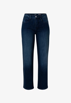 Dunkelblaue Jeans aus Denim mit geradem Bein, Fünf-Taschen-Design und einem Knopfverschluss vorne. Glatte Textur mit leichtem Verblassen.