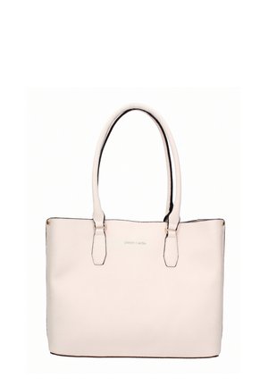 Cremefarbene Ledertasche mit doppelten Schulterriemen und dezentem goldfarbenem Logo "pierre cardin" in der Mitte vorne.