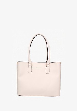 Borsa tote in pelle color crema con doppi manici a spalla e sottile logo dorato "pierre cardin" al centro davanti.