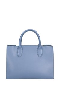 Borsa a spalla in pelle azzurro chiaro con un design strutturato, dotata di due manici arrotondati e una trama sottile sulla superficie.