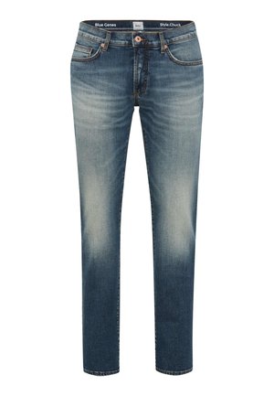 Blauwe spijkerbroek met een tapered fit, medium wasbeurt, subtiele vervaging op de dijen en klassiek vijf-pocket ontwerp. Kenmerkt zich door oranje stiksels en een knoopsluiting.