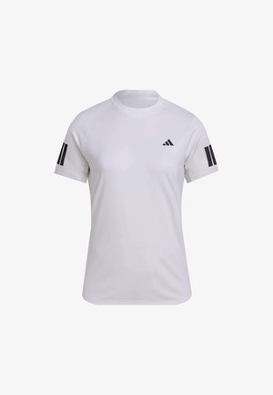 Camiseta deportiva blanca hecha de un material ligero, con cuello redondo y mangas cortas, con un diseño de tres franjas negras en las mangas.