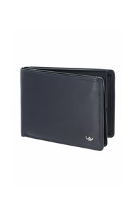 Portefeuille bifold en cuir noir avec un petit emblème de logo argenté dans le coin, montré fermé sur un fond blanc.