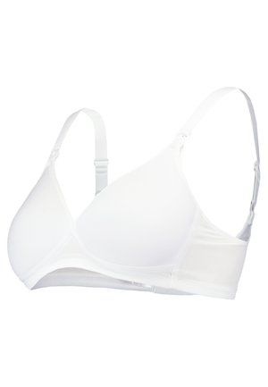 Bra bianco con tessuto morbido e liscio, coppe triangolari, spalline regolabili e chiusura con gancio e occhiello sul retro. Design senza cuciture.