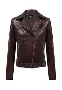 Bordeaux leren motorkurkt jacket met een notch-kraag, ritszakken en een ceintuur in de taille. Gladde textuur met een subtiele glans.