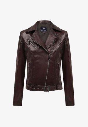 Veste de motard en cuir bordeaux avec un col cranté, des poches zippées et une taille ceinturée. Texture lisse avec un léger éclat.