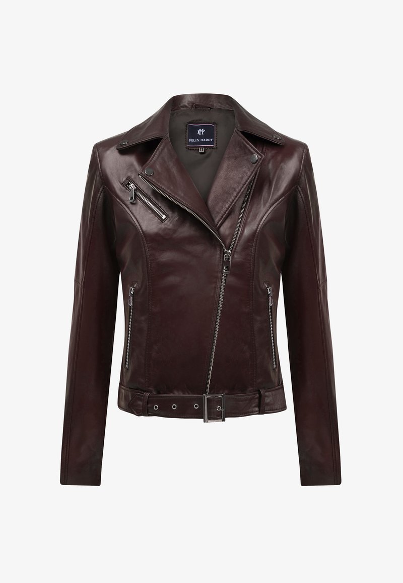 Bordeaux leren motorkurkt jacket met een notch-kraag, ritszakken en een ceintuur in de taille. Gladde textuur met een subtiele glans.