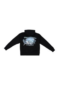 Zwarte hoodie met een grafische print van vliegende vogels en bergen in blauw, met de tekst "Bring me the horizon" erboven.