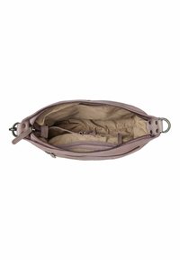 Borsa a tracolla in pelle viola con chiusura a zip. L'interno è in tessuto beige, con tasche e scomparti per l'organizzazione.