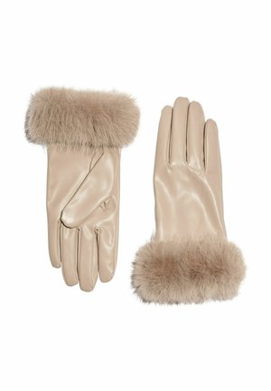 Beige leather gloves with a soft brown fur cuff. The design features five fingers and a smooth texture, with a warm and cozy appearance.