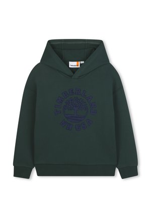 Groene pullover hoodie van een katoenmix met een groot marineblauw boomlogo en de tekst "Timberland NH USA." Voorzien van een kangoeroezak en een capuchon met trekkoord.