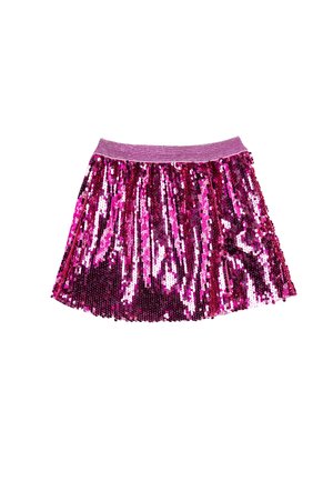 Lyserød palietskørt med elastisk talje, der har et lagdelt design, som glitrer i forskellige nuancer af lyserød og lilla.