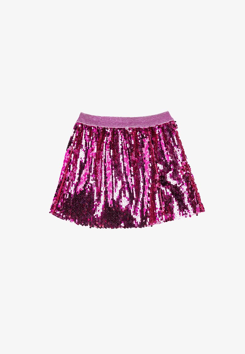 Jupe en sequins roses avec une taille élastique, présentant un design superposé qui scintille avec des nuances variées de rose et de violet.