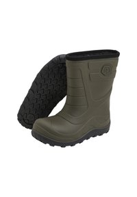 Bottes en caoutchouc vertes avec une surface texturée, dotées d'une doublure noire et d'une semelle en caoutchouc à motif pour une meilleure adhérence. Design de hauteur mi-mollet.