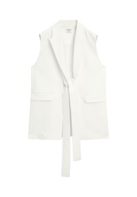 Witte mouwloze vest met reverskraag, sluiting met strik aan de voorkant en twee zijzakken. Gladde stoftextuur en op maat gemaakte design.