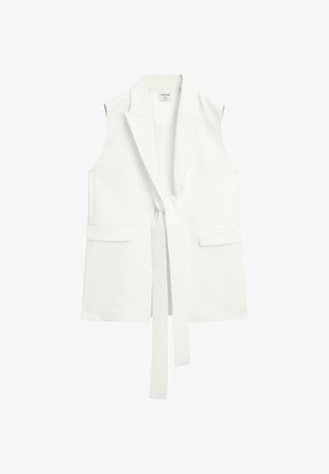 Biała bezrękawnikowa kamizelka z klapami, z zapięciem na węzeł z przodu i dwoma bocznymi kieszeniami. Gładka faktura materiału i dopasowany krój.